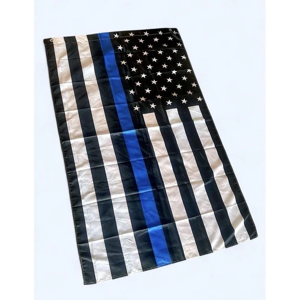Black & White US American Flag Thin Blue Line Blue Stripe Nylon Banner